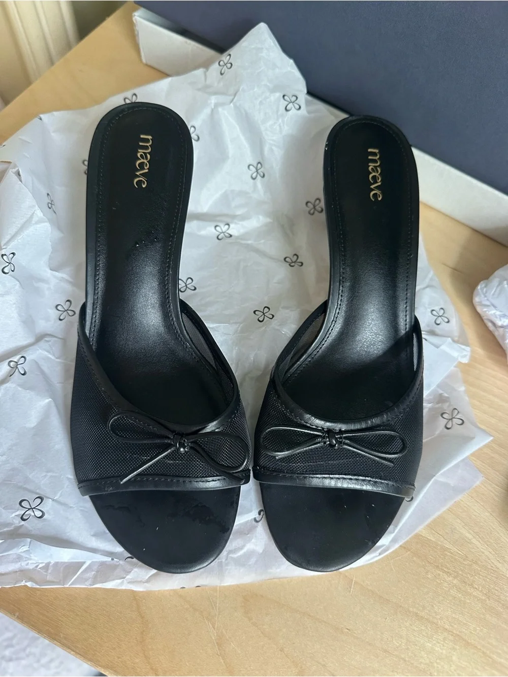 Anthropologie Maeve Black open toe kitten heels with Bow Accent